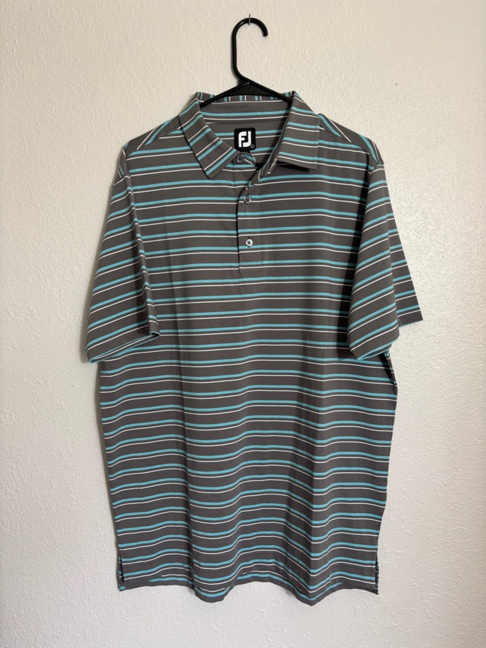 FootJoy Men's Gray Polo with Teal & White Stripes